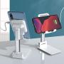 Wireless Charging Cell Phone Stand, Mini Foldable Adjustable Phone Holder, Bed Desk Tablet Mount (White)