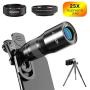 Phone Camera Lens, NOVPOT Pro Phone Lens Kit, 25X Zoom Telephoto Lens, 0.45X Wide Angle Lens & 15X Macro Lens Compatible with iPhone,iPad,Most Android Phones and Smartphones with Tripod