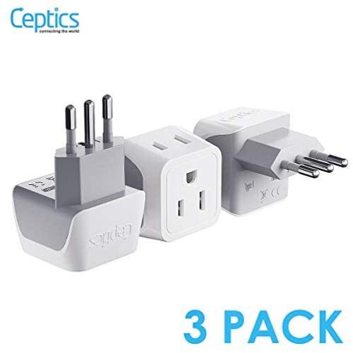 Italy, Chile Travel Adapter Plug by Ceptics with Dual USA Input - Type L (3 Pack) - Ultra Compact - Safe Grounded Perfect for Cell Phones, Laptops, Camera Chargers and More (CT-12A)