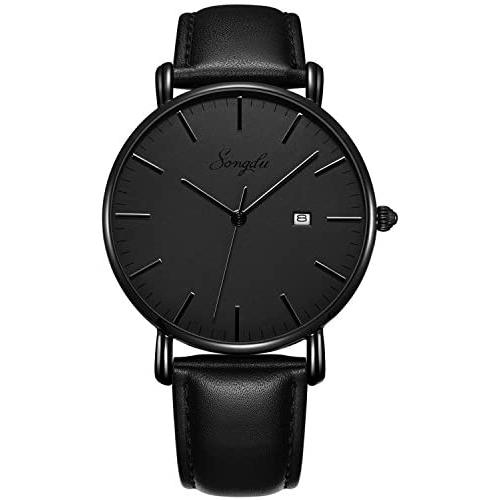 SONGDU Mens Ultra-Thin Quartz Analog Date Wrist Watch with Black Leather Strap