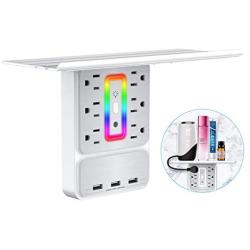 Socket Shelf Outlet with USB Ports,9 Port Surge Protector,6 Electrical Outlet Extenders,3 USB Charging Ports and 6 Mode Intelligent Wall Night Light Lamp with Removable Built-in Shelf UL Listed