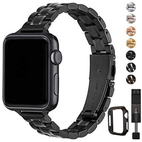 STIROLL Thin Replacement Band Compatible for Apple Watch 38mm 40mm 42mm 44mm, Stainless Steel Metal Wristband Women Men for iWatch 5/4/3/2/1 (Black, 38mm/40mm)