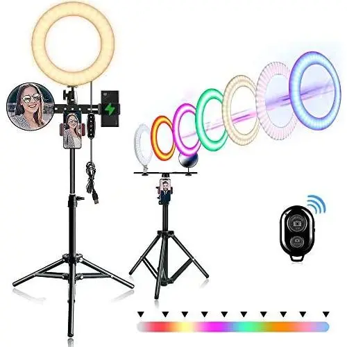 10" Selfie Ring Light with Stand and Phone Holder, Adjustable RGB Rainbow Ring Light, for Live/Makeup/Self-Timer Photo/Video/Product Photography Compatible with iPhone Android 10" Selfie Ring Light with Stand and Phone Holder, Adjustable RGB Rainbow Ring Light, for Live/Makeup/Self-Timer Photo/Video/Product Photography Compatible with iPhone Android