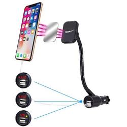 SOAIY 3-in-1 Cigarette Lighter Magnet Car Mount + Car Charger + Voltage Detector,Car Holder Cradle w/Dual USB 3.1A Charger,Display Voltage Current Compitable with iPhone8 X 6s 6 5s Samsung S8 S7 S6