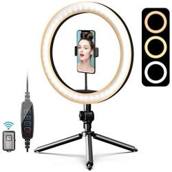 10” LED Ring Light with Tripod Stand and Phone Holder for Makeup/Live Streaming/YouTube Videos/Photography, Dimmable Desk Selfie Ring Light with Wireless Remote for iPhone and Android, Black