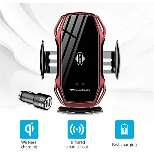 Wirelsss Car Charger,QI Fast Charging Air Vent Holder Auto-Clamping Smart Sensor Phone Holder for Car Compatible with iPhone 11/11 Pro/11 Pro Max/Xs/XR/X/8/8+,Samsung S10/S10+/S9/S9+(Red)