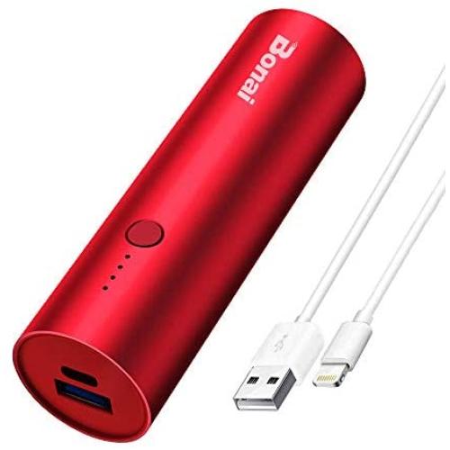 Portable Charger, BONAI Ultra-Compact Aluminum Power Bank 5000mAh Travel, High-Speed Output External Backup Battery Compatible iPhone, iPad, iPod, Samsung, Tablets - Red (Charging Cable Included)
