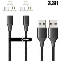 NetDot Gen10 3 in 1 Nylon Braided Magnetic Fast Charging Cable with Side LED Compatible with Micro USB & USB-C Smartphones and i-Product(3.3ft/2 Pack Black)