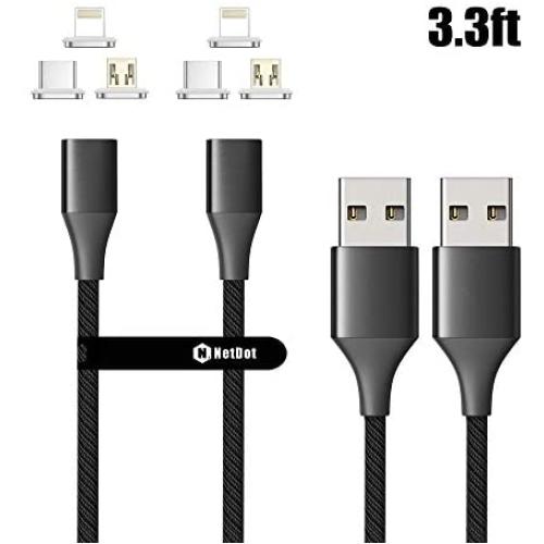 NetDot Gen10 3 in 1 Nylon Braided Magnetic Fast Charging Cable with Side LED Compatible with Micro USB & USB-C Smartphones and i-Product(3.3ft/2 Pack Black)