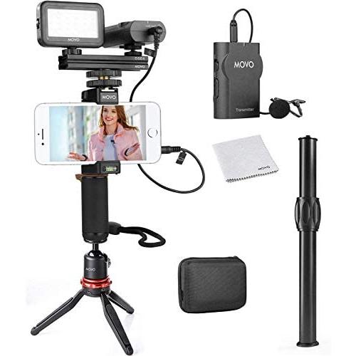 Movo Wireless Smartphone Video Kit V2+ with Tripod, Grip, Wireless Lavalier Microphone, LED Light and Remote - YouTube Equipment for iPhone 6, 6S, 7, 8, X, XS, XS Max, XR, 11, 11 Pro, Samsung Galaxy