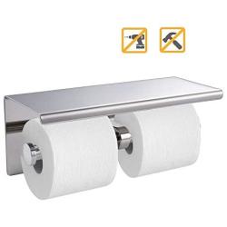 Songtec Toilet Paper Holder with Shelf, Easy Stick On with 3M Adhesive, Holds Mega Roll, No Drilling or Wall Mounted Stainless Steel Tissue Roll Holder (Polished Chrome (Dual))