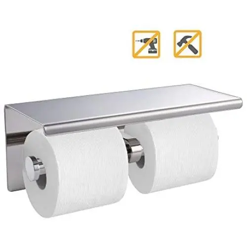 Songtec Toilet Paper Holder with Shelf, Easy Stick On with 3M Adhesive, Holds Mega Roll, No Drilling or Wall Mounted Stainless Steel Tissue Roll Holder (Polished Chrome (Dual))