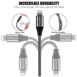 iPhone Charger 10 ft,3 Pack Lightning Cable & Data Sync Fast 10 Foot Nylon Braided Cord Compatible with iPhone Xs max/xr/x/8/8 Plus/7/7plus/6/6s Plus/5s/5,iPad(Silver)