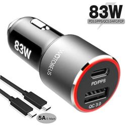 83W USB C Car Charger,WOTOBEUS Dual Type C Fast Car Phone Laptop Charger Adapter PD PPS 65W 45W 25W QC3.0 18W AFC with 5A USB C to C Cable Cord for iPhone SE 11/iPad/MacBook Pro/ThinkPad/S20/Note10