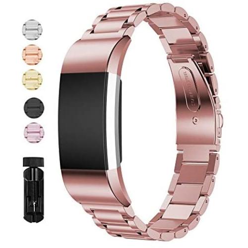 Jiarusig Compatible with Fitbit Charge 2 Bands, Stainless Steel Metal Bands Strap Men Women Replacement Bracelet Small Large Wristband Accessories Band Compatible with Fitbit Charge 2, Rose Pink