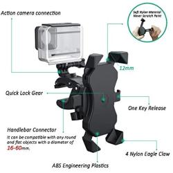 Bike Phone Mount, Adjustable Motorcycle Bicycle Phone Mount Bike Phone Holder, Compatible with Gopro Cameras, 360° Rotation Cradle Clamp for Any Smartphones GPS Other Devices Between 4 and 6.5 inches