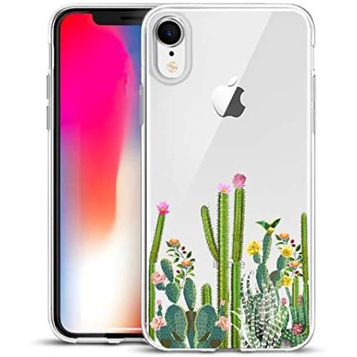 Unov Case Clear with Design Slim Protective Soft TPU Bumper Embossed Pattern [Support Wireless Charging] Cover for iPhone XR 6.1 Inch(Cactus Succulents)