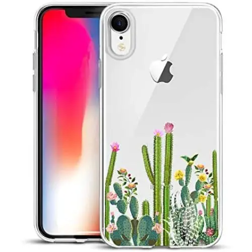 Unov Case Clear with Design Slim Protective Soft TPU Bumper Embossed Pattern [Support Wireless Charging] Cover for iPhone XR 6.1 Inch(Cactus Succulents)
