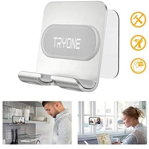 Wall Mount Phone Holder - Tryone Wall Phone Holder Mount with 2Pcs Adhesive Strip,Update Version Wall Phone Mount for Bathroom,Kitchen,Office and More,Compatible with All Phones and Mini Tablet