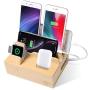 Bamboo Charging Station for Multiple Devices, USB Charging Station Dock, Fast Desk Wood Charging Docking Station for Universal Cell Phone, Tablet, Apple Watch, Airpods(5 Pack Cables Included)