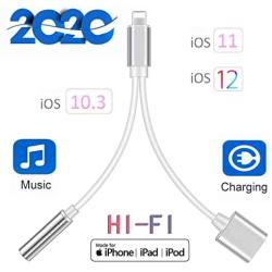 Headphone Adapter for iPhone SE/11/11 pro/11pro Max X/XS/XS MAX/XR/8/ 8Plus/ 7/7 Plus Headset Adaptor Splitter Earphone Connector 2 in 1 Accessories Cables Charge Music Wire Control iOS System.