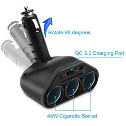 Rocketek 3-Socket 2-Port USB Quick Charge 3.0 Car Charger Splitter Adapter,120W 12V/24V DC Outlet Multi Socket Car Cigarette Lighter Splitter QC3.0 Dual Car Charger Power Outlet Splitter Extender