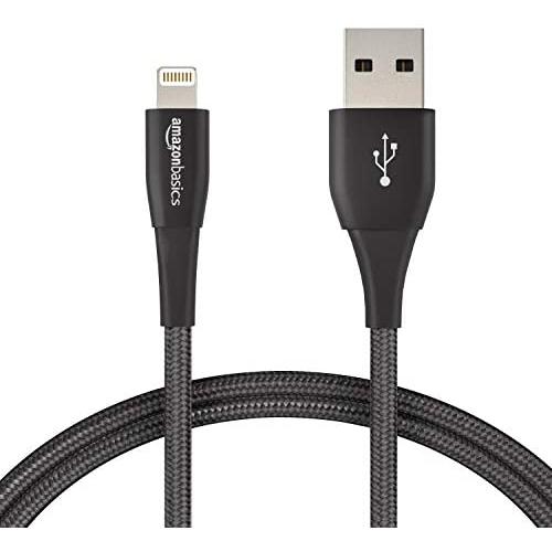 AmazonBasics Double Nylon Braided USB A Cable with Lightning Connector, Premium Collection, MFi Certified Apple iPhone Charger, 3 Foot, Black