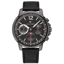 Tommy Hilfiger Mens Stainless Steel Quartz Watch with Leather Calfskin Strap, Black, 20 (Model: 1791533)