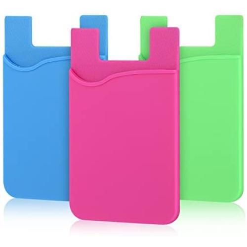 Pofesun Cell Phone Wallet, 3 Pack Cell Phone Stick on Wallet Card Holder Phone Pocket Adhesive Silicone Card Sleeve Compatible for iPhone, Samsung, Android and All Smartphones.(Blue, Pink, Green)