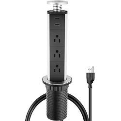 Retractable Pull Pop Up Power Outlet with 2 USB Ports,2.5inch Round Hole Grommet Power Strip 3 AC Outlet,6ft Power Cord,Worktop Desk Pull Pop-Up Socket for Kitchen Counter