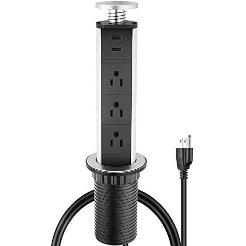 Retractable Pull Pop Up Power Outlet with 2 USB Ports,2.5inch Round Hole Grommet Power Strip 3 AC Outlet,6ft Power Cord,Worktop Desk Pull Pop-Up Socket for Kitchen Counter