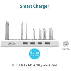 Unitek 4 Ports USB Charging Station, Fast Charger and Smart IC Charger Port Compatible with iPad, iPhone, Tablet, Multiple Devices, Nightstand Electronic Organizer and Docking Station Stand Rack