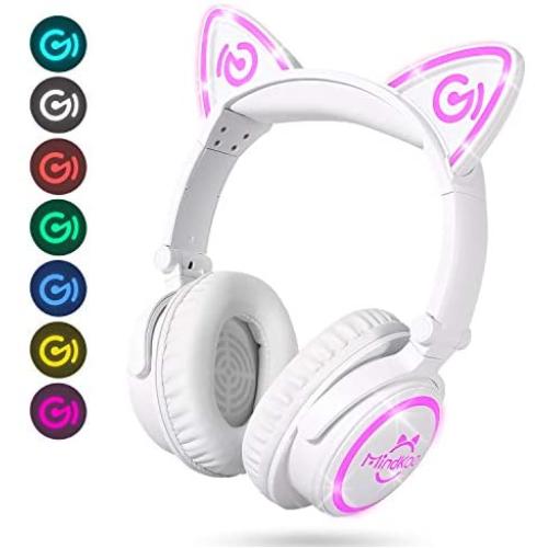 MindKoo Bluetooth Headphones, Over-Ear Wireless Headphones, Cat Ear Headphones with 7 Colors LED Light, Foldable, Built-in Microphone and Volume Control for PC/Cell Phones/Kids/Teen/Boys/Girls/Adults