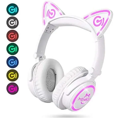 MindKoo Bluetooth Headphones, Over-Ear Wireless Headphones, Cat Ear Headphones with 7 Colors LED Light, Foldable, Built-in Microphone and Volume Control for PC/Cell Phones/Kids/Teen/Boys/Girls/Adults MindKoo Bluetooth Headphones, Over-Ear Wireless Headphones, Cat Ear Headphones with 7 Colors LED Light, Foldable, Built-in Microphone and Volume Control for PC/Cell Phones/Kids/Teen/Boys/Girls/Adults
