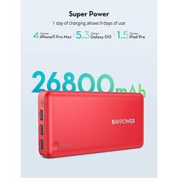 Portable Charger RAVPower 26800mAh Power Bank Battery Pack Total 5.5A Output External Battery 3 Ports Portable Phone Charger Compatible with iPhone 11 Pro Max SE iPad Samsung Galaxy S20 Note10 (Red)