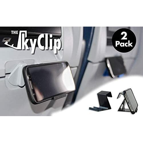 The SkyClip - (Black, 2 Pack) Airplane Cell Phone Seat Back Tray Table Clip and Sturdy Phone Stand, Compatible with iPhone, Android, Tablets, and Readers