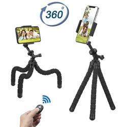 Phone Tripod, Flexible Tripod, Upgrade 4-Axis Angle Adjustment, Unique 360° Rotating Holder, Sturdy Octopus-Style Legs, and Wireless Remote Shutter for iPhone, Android Phone, DSLR Camera, and GoPro.