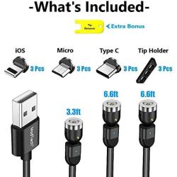 Magnetic Charging Cable [3pk 3ft/6ft/6ft] ModTech 3 in 1 Magnetic 360 Rotating Charging Cable - Nylon Braided Magnetic Charger - Compatible Micro USB - Typce C - iProducts (Black 2A/3pck)