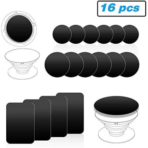 Ozgoe Happy Bell (16 Pack) Mount Metal Plate with Sticky Adhesive Pad for Collapsible Grip & Stand/Magnetic Phone Car Mount/Magnet Cradle Holder,Black