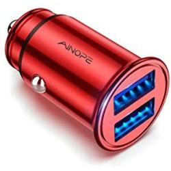 AINOPE Car Charger, 4.8A All Metal Car Charger Adapter Dual USB Port Fast Car Charging Mini Flush Fit Compatible with iPhone Xs max/XR/x/7/6s, iPad Air 2/Mini 3, Note 9/Galaxy S10/S9/S8 - Red