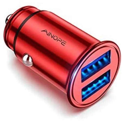 AINOPE Car Charger, 4.8A All Metal Car Charger Adapter Dual USB Port Fast Car Charging Mini Flush Fit Compatible with iPhone Xs max/XR/x/7/6s, iPad Air 2/Mini 3, Note 9/Galaxy S10/S9/S8 - Red