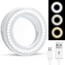 Selfie Ring Light Rechargeable Selfie Fill Ring Light with 36 LED & 3 Lighting Modes Adjustable Brightness Phone Camera Circle Light for iPhone 7 8 Plus X Xr Xs Max 11 Pro,iPad,Computer,Laptop (White)