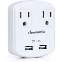 DEWENWILS Multi Outlet Plug 2 AC Outlets with Dual USB Ports (3.1A Total), Small USB Wall Charger Adapter for Travel/Home/Cruise Ship/GFCI, ETL Listed, White