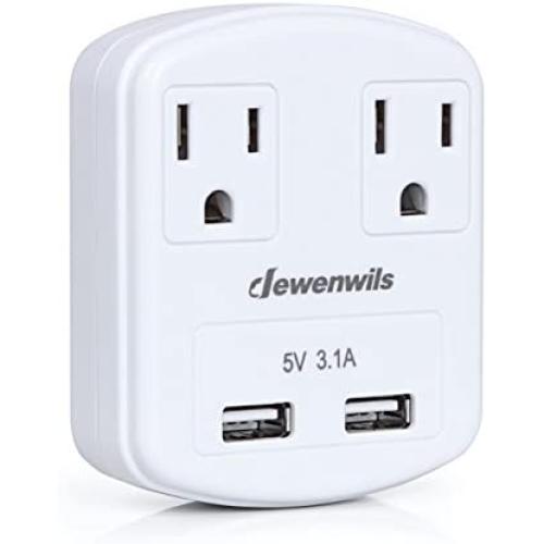 DEWENWILS Multi Outlet Plug 2 AC Outlets with Dual USB Ports (3.1A Total), Small USB Wall Charger Adapter for Travel/Home/Cruise Ship/GFCI, ETL Listed, White