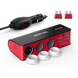 BESTEK 3-Socket 200W 12V/24V DC Cigarette Lighter Power Adapter with 6A 4-Port Car USB Splitter Charger