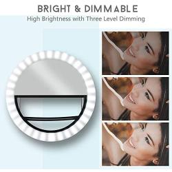 GLOUE Selfie Light Ring LED Round Clip self-Timer Fill Light with 36 LED Bubbles - 3 Levels of Brightness, Rechargeable and Portable, for iPhone/Android, Smartphone, Tablet, with Makeup Mirror