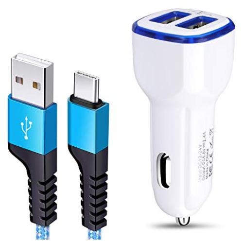 Car Charger, 2.4A USB C Car Adapter Dual Port with 6ft Fast Charging Cord for Samsung Galaxy S20 S20 Plus S20 Ultra S10e A50 A10e A20 Note 10 LG K51 Stylo 4 5 6 Google Pixel 4 4XL 3 XL Moto G8 G7 Play