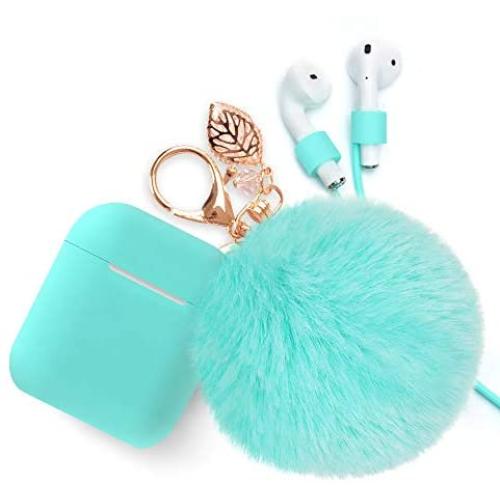 Airpods Case Keychain, BLUEWIND AirPod Charging Protective Case, Portable Carrying Earpods Case with Strap, Keychain, Soft Fluffy Ball, Compatible with Apple AirPods 1&2 Bluetooth Earphone, Mint Green