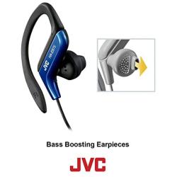 JVC Clip Style Headphone Blue and White Lightweight and Comfortable Ear Clip. Splash Proof Water resistant Powerful Sound with Bass Boost HAEB75A