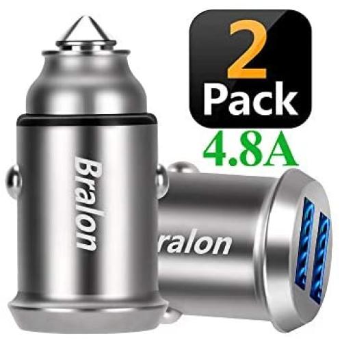 USB Car Charger,Bralon 2-Pack Mini 24W 4.8A Metal 2 USB Fast Car Charger with Blue LED Flush Fit Compatible with iPhone 11/11 Pro(Max)/Xs(Max)/X/XR/8/7/Plus,iPad Pro/Air 2/Mini,Galaxy,LG and More